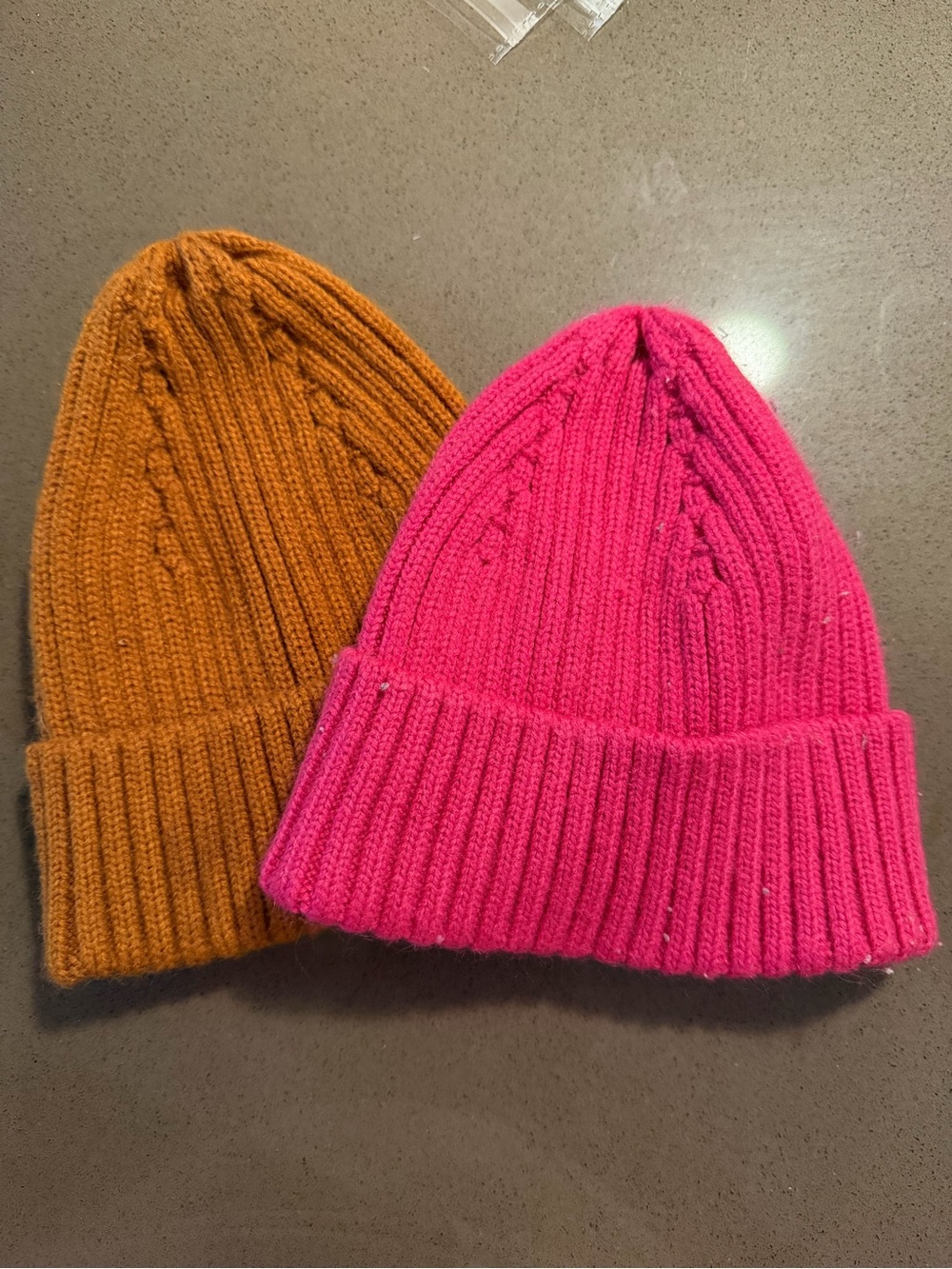 Kids Ribbed Knit Beanie Set - Pink & Orange